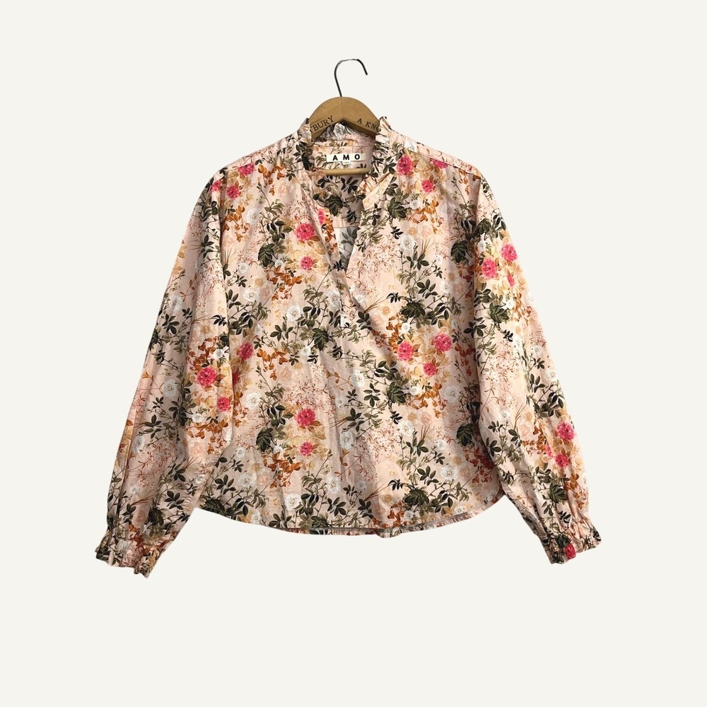 AMO Pink Floral Pima Cotton Ruffle Collar Blouse Top Size Large Made in Peru